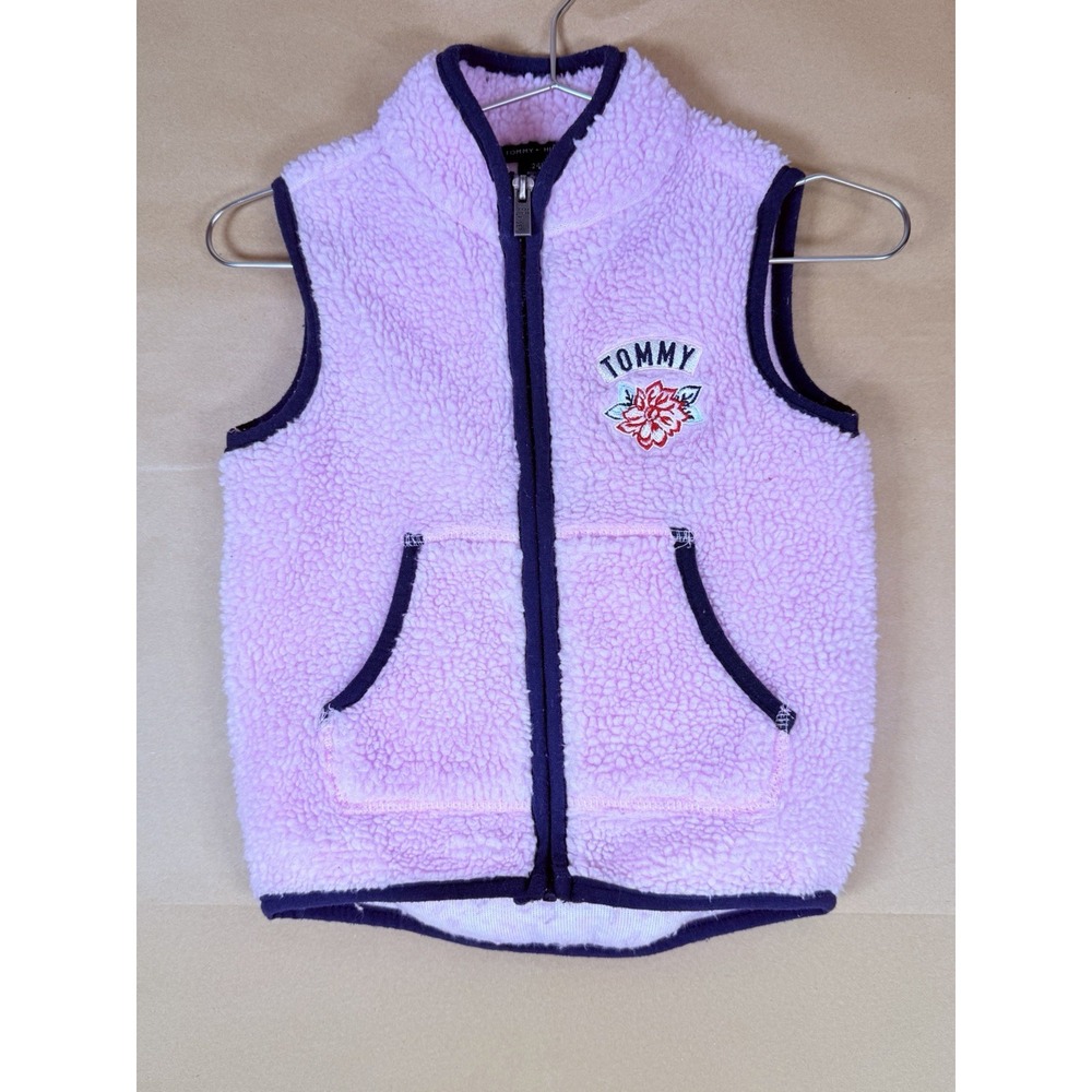 Tommy Hilfiger Girls 24M Pink Sherpa Fleece Vest Full Zip Floral Logo